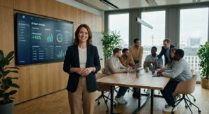 Team-Meeting in einem modernen B&uuml;ro mit digitalem Dashboard, Zoom Internetagentur, Webdesign und SEO in Deutschland.