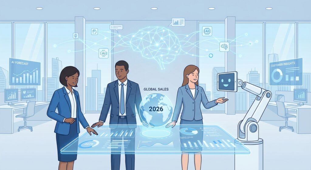 KI-Agenten im Vertrieb 2026 - Futuristisches Dashboard mit Sales Analytics und KI-Assistent für automatisierte Vertriebsprozesse